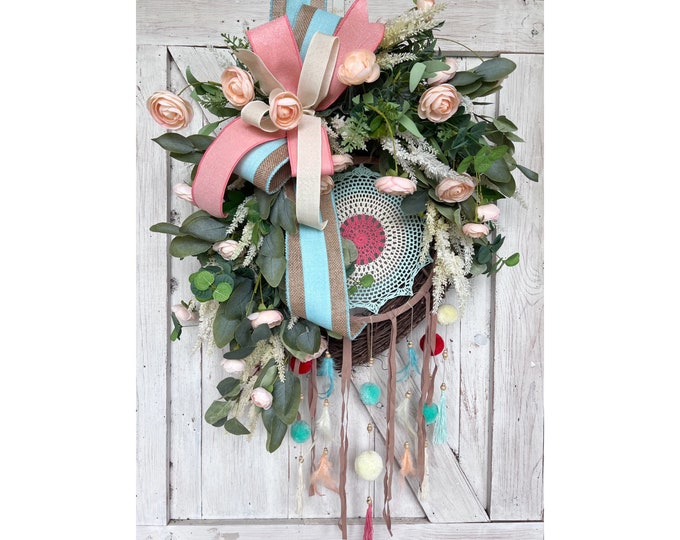 Grapevine Wreath for Front Door, Grapevine Dreamcatcher Wreath, Floral Grapevine Wreath, Handmade Wedding Gift, Wreath with Dreamcatcher
