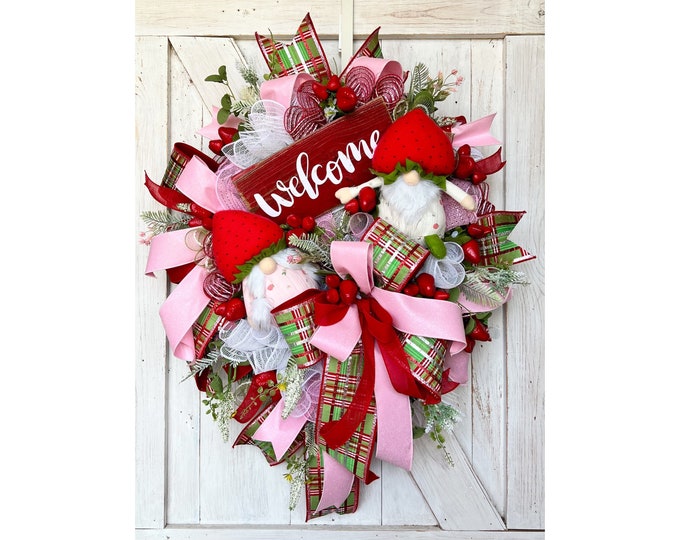 Summer Wreaths for Front Door, Extra Large Summer Floral Wreath, Summer Gnome Wreath, Garden Gnome Decorations, Strawberry Welcome Wreath