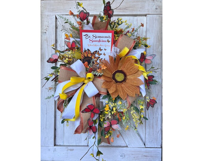 Handmade Sunflower Wreath with Butterflie, Summer Front Door Decor, Burlap Bow Wreath, Cheerful Welcome Wreath, Trendy Butterfly Wreath