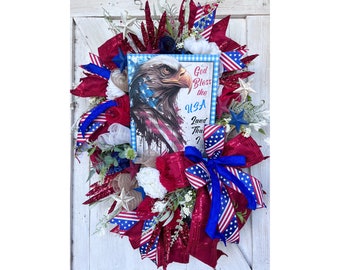 July 4th Wreath for Front Door, Patriotic Wreath, American Wreath, Fourth of July Wreath, Memorial Day Wreath, God Bless America Wreath