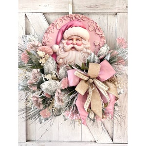 Pink Christmas Wreath for Front Door, Pink Christmas Home Decor, Christmas Santa Wreath, Santa Christmas Decorations