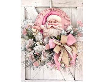 Pink Christmas Wreath for Front Door, Pink Christmas Home Decor, Christmas Santa Wreath, Santa Christmas Decorations