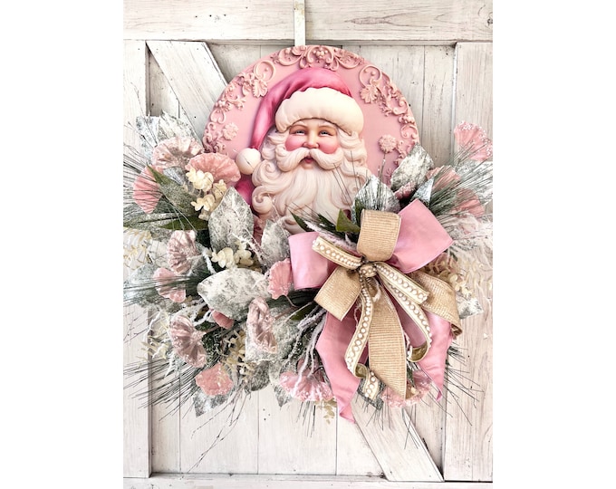 Pink Christmas Wreath for Front Door, Pink Christmas Home Decor, Christmas Santa Wreath, Santa Christmas Decorations