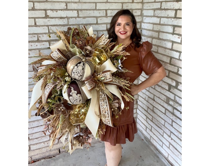 Luxury Fall Pumpkin Wreath, Rustic Farmhouse Front Door Decor, Elegant Autumn Ribbon Wreath, Neutral Thanksgiving Door Decoration