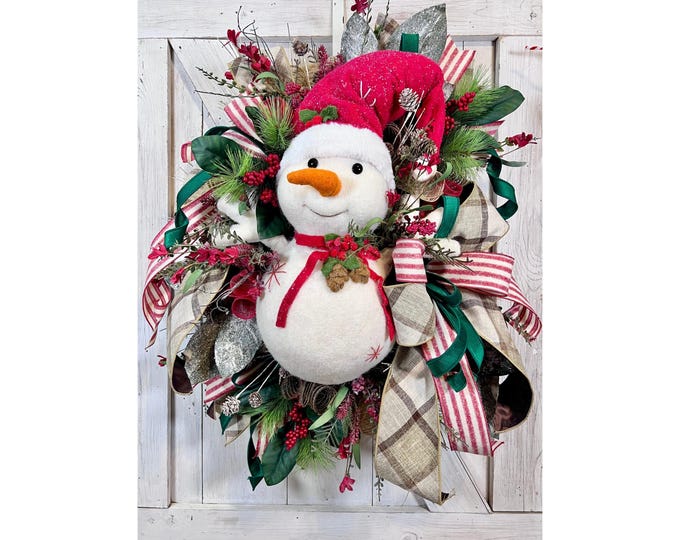 Snowman Christmas Wreath for Front Door, Holiday Winter Wreath, Rustic Snowman Decor, Red Green Christmas Door Decoration