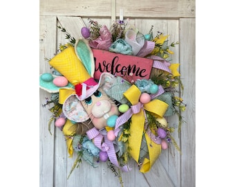 Primitive Easter Wreath for Front Door, Easter Wreath, Easter Bunny Wreath, Easter Rabbit Wreath, Welcome Easter Wreath, Floral Wreath