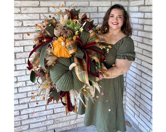 Fall Pumpkin Wreath for Front Door, Green and Yellow Plaid Bow Autumn Décor, Farmhouse Thanksgiving Wreath, Harvest Door Decoration