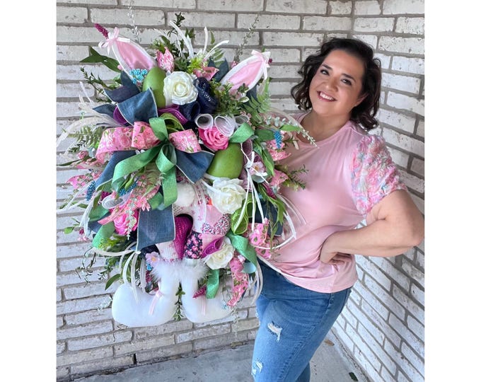 Bunny Butt Easter Wreath for Front Door, Easter Bunny Wreath for Front Porch, Floral Easter Egg Wreath, Easter Wreath with Bunny