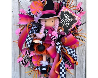 Pink Halloween Witch Wreath, Luxury Halloween Door Decor, Candy Witch Wreath, Pink and Orange Halloween Wreath, Front Door Decor