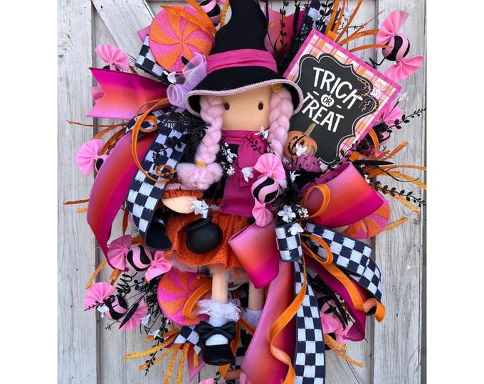 Pink Halloween Witch Wreath, Luxury Halloween Door Decor, Candy Witch Wreath, Pink and Orange Halloween Wreath, Front Door Decor