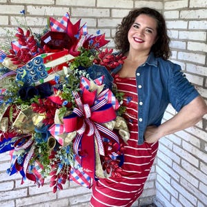 Patriotic Red White & Blue Wreath, 4th of July Door Decor, Handmade Summer Floral Wreath, Independence Day Front Door Decoration