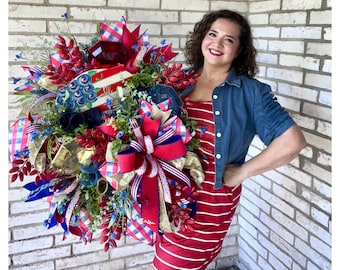 Patriotic Red White & Blue Wreath, 4th of July Door Decor, Handmade Summer Floral Wreath, Independence Day Front Door Decoration