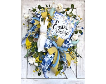 Bunny Butt Easter Wreath for Front Door, Easter Bunny Wreath for Front Porch, Floral Easter Egg Wreath, Easter Wreath with Bunny