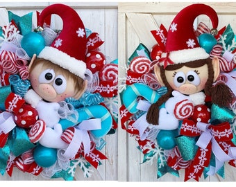 Elf Christmas Wreath for Front Door, Double Door Matching Christmas Wreaths, Christmas Elf Wreath, Christmas Double Door Wreaths