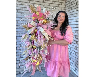 Elegant Candy Wreatg for Front Door, Candy Swag Door Decor, Extra Large Christmas Swag, Pink Christmas Decorations, Pastel Christmas Decor