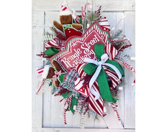 Gingerbread Christmas Wreath for Front Door with Candy, Holiday Front Door Wreath with Gingerbread, Candy Land Christmas Decor for Kitchen