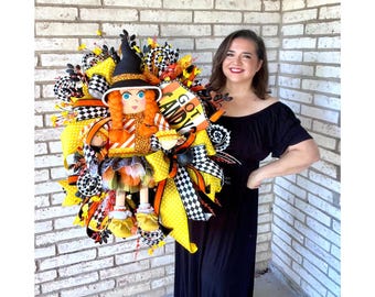 Halloween Candy Corn Wreath for Front Door, Candy Halloween Decorations, Halloween Wreath with Doll, Orange Black and White Halloween Wreath