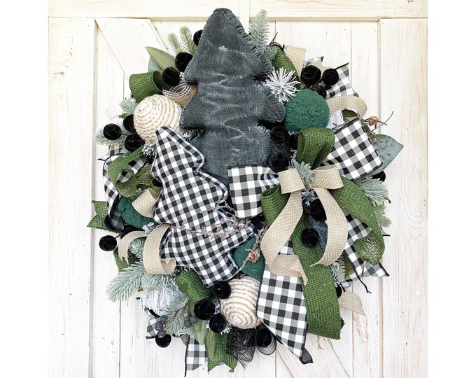 Farmhouse Christmas Wreath for Front Door, Rustic Christmas Decor for Front Porch, Rustic Christmas Wreath with Buffalo Plaid