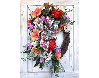 Handmade Tropical Floral Wreath, Vibrant Summer Door Decor, Bright Orchid and Hibiscus Wreath, Outdoor Summer Decoration, Summer Welcome