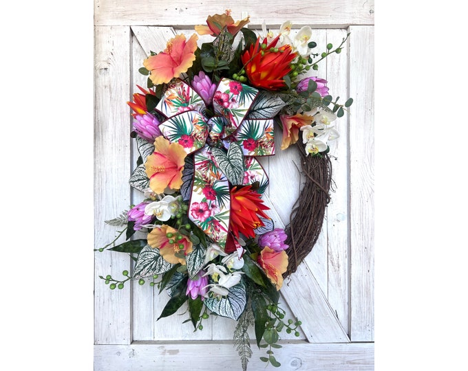 Handmade Tropical Floral Wreath, Vibrant Summer Door Decor, Bright Orchid and Hibiscus Wreath, Outdoor Summer Decoration, Summer Welcome