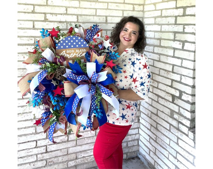 God Bless America Patriotic Wreath, 4th of July Decor, Red White Blue Wreath, Independence Day Door Decor, Memorial Day Wreath