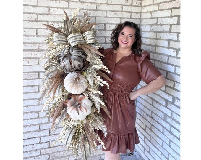 Neutral Fall Wreath for Front Door, Fall Wreath with Pumpkins, Fall Swag for Front Porch Decorations, Fall Decorations with Nuetral Colors