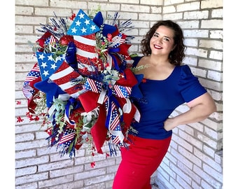 Patriotic Rocket Wreath, 4th of July Door Decor, Red White Blue Stars, Independence Day Decoration, Summer Wreath, Memorial Day Wreath