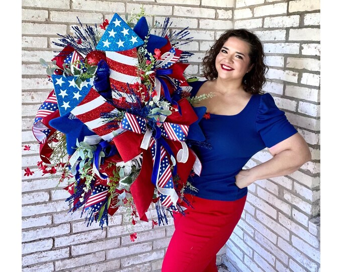 Patriotic Rocket Wreath, 4th of July Door Decor, Red White Blue Stars, Independence Day Decoration, Summer Wreath, Memorial Day Wreath