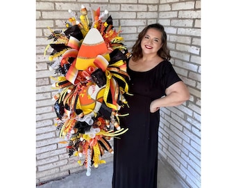 Candy Corn Halloween Wreaths for Front Door, Extra Large Halloween Swag, Candy Corn Decorations, Outdoor Halloween Decorations, Jewel Wreath