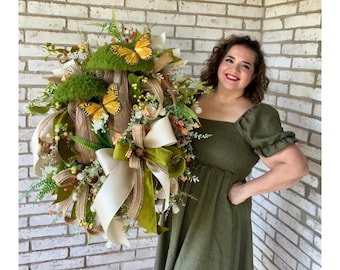Butterfly Everyday Wreath for Front Door, Rustic Mushroom Wreath with Greenery, Farmhouse Spring Wreath with Bows, Woodlands Mushroom Wreath