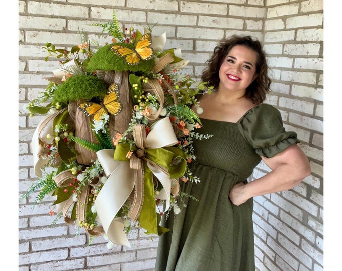 Butterfly Everyday Wreath for Front Door, Rustic Mushroom Wreath with Greenery, Farmhouse Spring Wreath with Bows, Woodlands Mushroom Wreath
