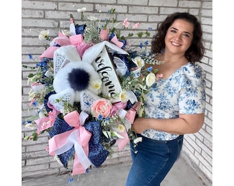 Bunny Butt Easter Wreath: Pink, Blue, and White Floral Decor
