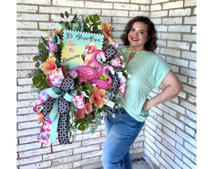 Fun Tropical Summer Front Door Wreath - Handmade Summer Wreath - Tropical Wreath for Front Door - Flamingo Wreath for Front Door