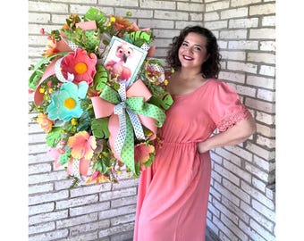 Flamingo Wreath for Front Door – Tropical Summer Wreath with Pink and Aqua Flowers, Handmade Luau Decor, Flamingo Party Gift