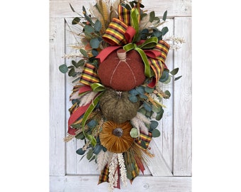 Fall Wreath for Front Door, Fall Swag with Pumpkins, Pumpkin Wreath for Fall Front Porch Decorations, Pumpkin Fall Swag, Fall Decorations