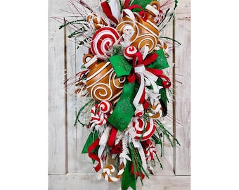 Gingerbread Christmas Swag, Peppermint Holiday Door Swag, Red Green White Christmas Decor, Candy Cane Teardrop Swag Wreath