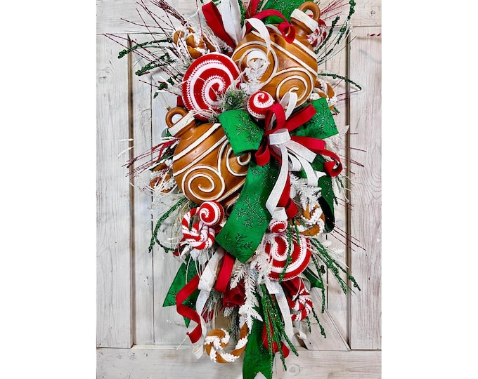 Gingerbread Christmas Swag, Peppermint Holiday Door Swag, Red Green White Christmas Decor, Candy Cane Teardrop Swag Wreath