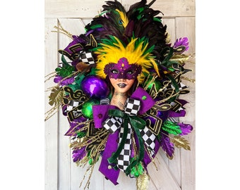 Mardi Gras Wreaths for Front Door, Mardi Gras Decor, Extra Large Mardi Gras Wreath, Mardi Gras Mannequin Head Wreath, Mardi Gras Decorations