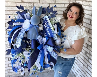 Blue Easter Wreath for Front Door, Welcome Spring Front Door Decor, Blue and White Easter Bunny Wreath, Handmade Easter Decoration,