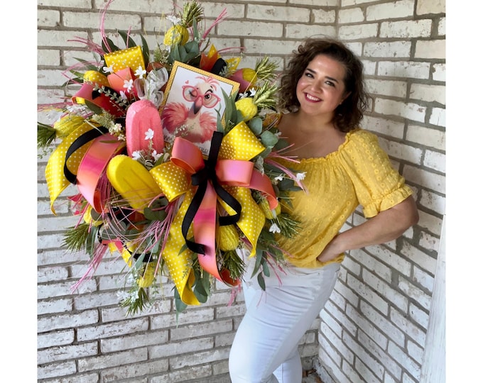 Flamingo Summer Wreath for Front Door, Pink Yellow Polka Dot Bow Wreath, Whimsical Tropical Wreath, Tropical Flamingo Wreath
