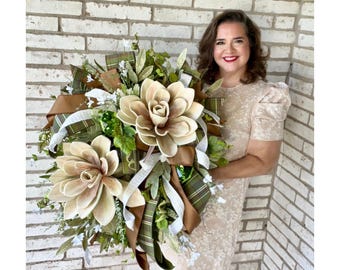 Blush Succulent Wreath with Plaid Ribbon, Everyday Wreath for Front Door, Rustic Year-Round Greenery Wreath, Neutral Floral Decor