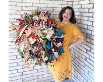 Handmade Fall Scarecrow Wreath - Give Thanks Sign, Thanksgiving Decor, Autumn Door Decoration, Rustic Harvest Wreath, Front Door Decor