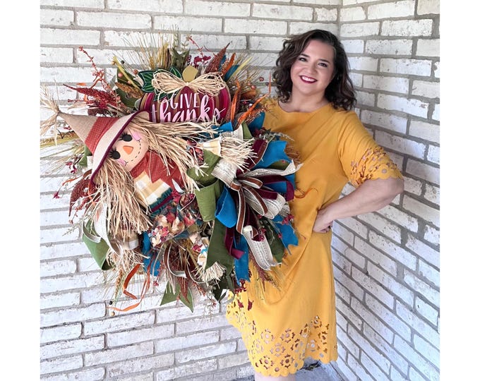 Handmade Fall Scarecrow Wreath - Give Thanks Sign, Thanksgiving Decor, Autumn Door Decoration, Rustic Harvest Wreath, Front Door Decor