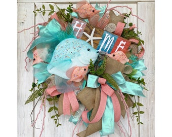 Everyday Wreath for Front Door, Tropical Wreath with Fish, Beach House Home Decor, Pool Party Wreath, Beach House Wreath, Coastal Home Decor