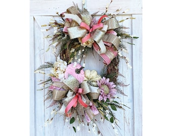 Elegant Fall Wreath for Front Door, Pink Fall Wreath, Sunflower Fall Grapevine Wreath, Fall Sunflower Wreath, Fall Pumpkin Wreath