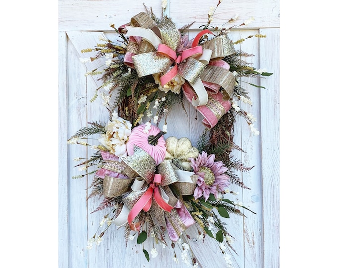 Elegant Fall Wreath for Front Door, Pink Fall Wreath, Sunflower Fall Grapevine Wreath, Fall Sunflower Wreath, Fall Pumpkin Wreath