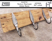 Hand-Forged Hook Rack - 3 Feather Hooks on a 20 quot long aged wood, towel rack, key rack, coat rack, jacket hook, towel hook, key hook