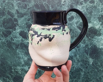 Handmade Pottery | Ceramic Coffee Mug, Tea Cup (16 Ounce) | Black and Green | Minimalist & Organic Shape