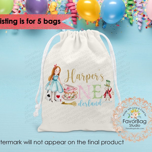 Alice Onederland favor bag-Custom first birthday favor bag-Personalized Alice Wonderland first birthaday party favor goddie bags-Set of 5