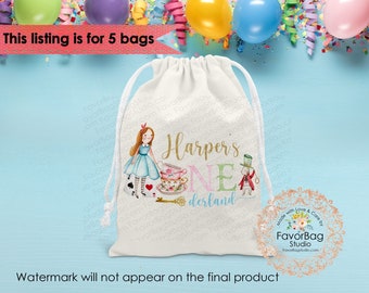 Alice Onederland favor bag-Custom first birthday favor bag-Personalized Alice Wonderland first birthaday party favor goddie bags-Set of 5